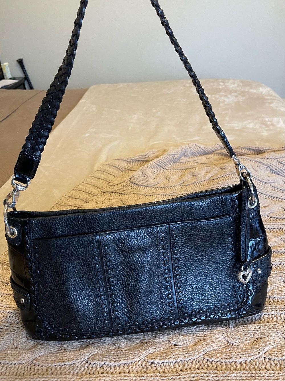 Brighton Black Pebbled Leather Shoulder Bag with Braided Strap